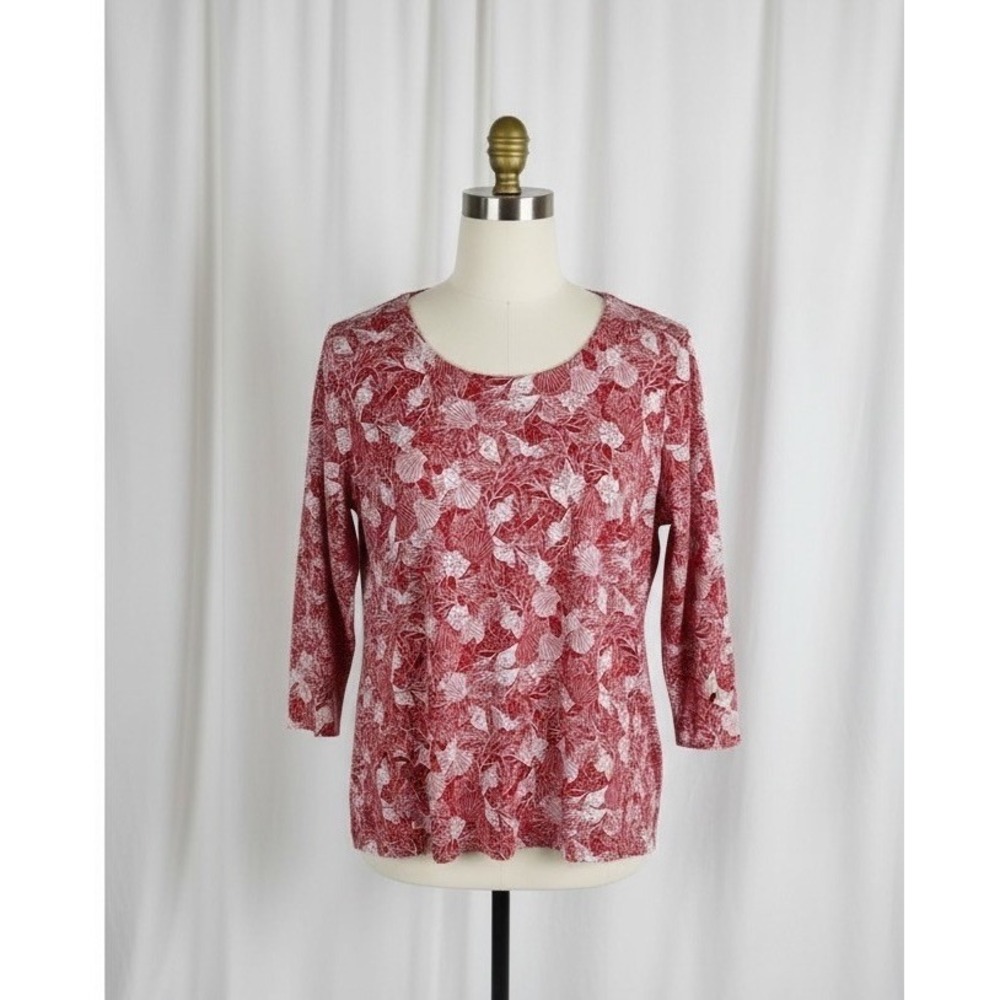 J. Jill Pima 3/4 Sleeve Scoop Neck Tee Orange Novelty Beach Seashell L Petite